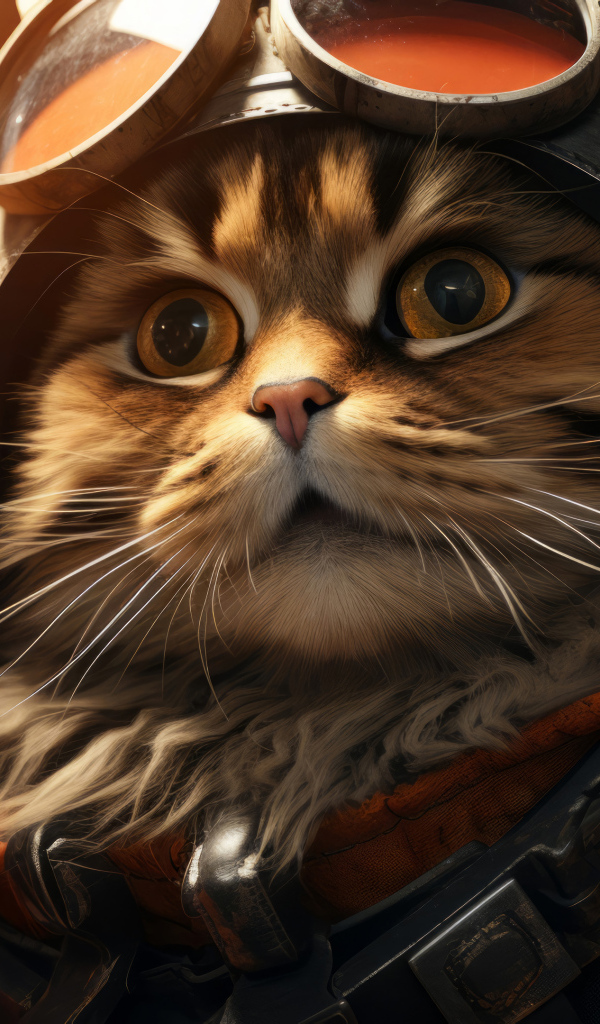 Пушистый серый кот пилот в шлеме