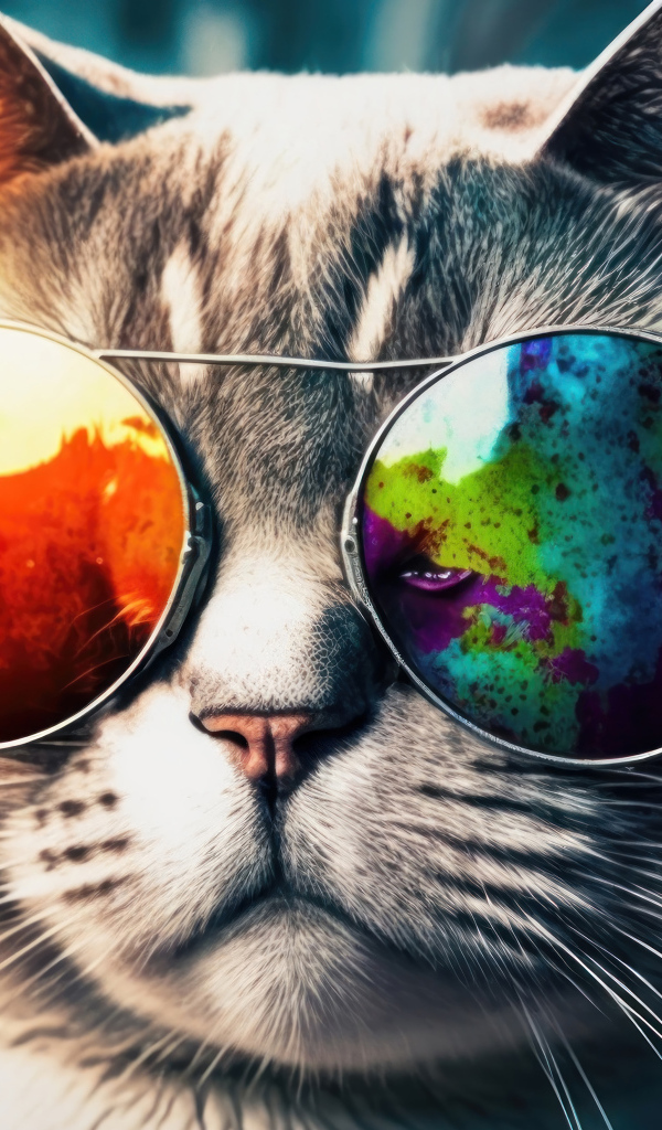 Серый кот в очках крупным планом