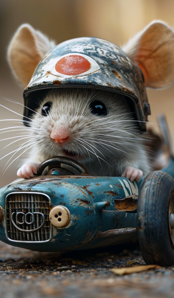 Маленький серый мышонок на игрушечном автомобиле