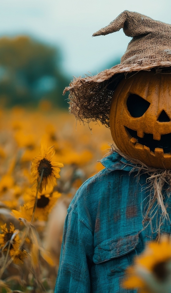 Пугало из тыквы в рубашке на поле