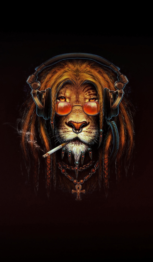 Лев растаман с сигаретой на черном фоне