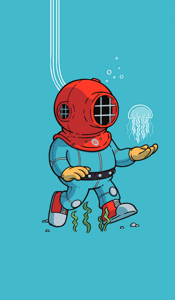 Аквалангист под водой на голубом фоне