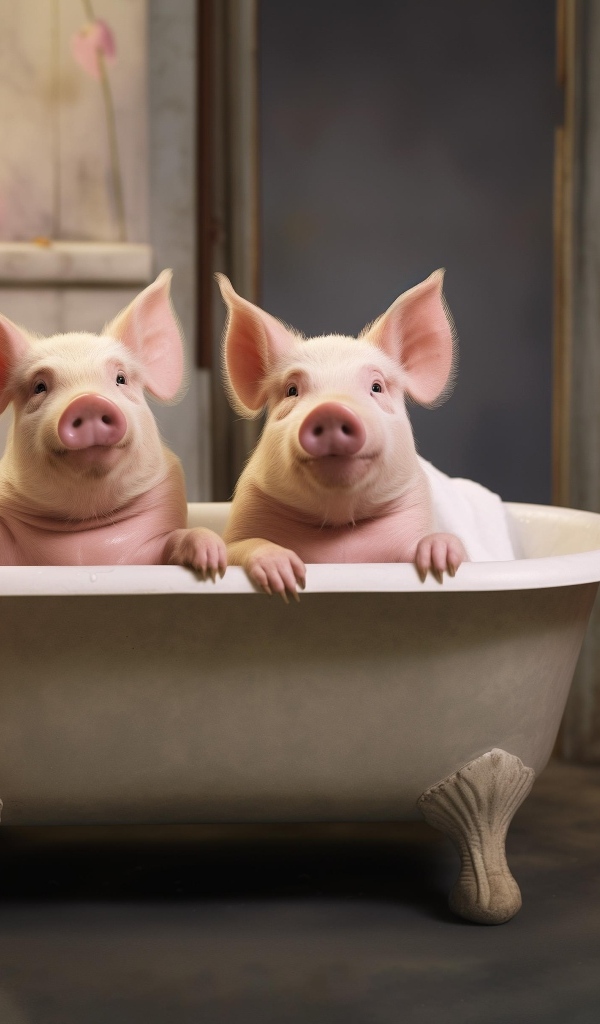 Два розовых поросенка в ванной