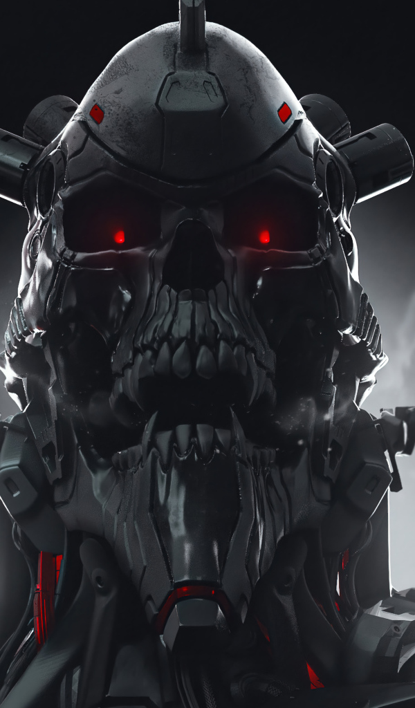 Злой солдат андроид на сером фоне