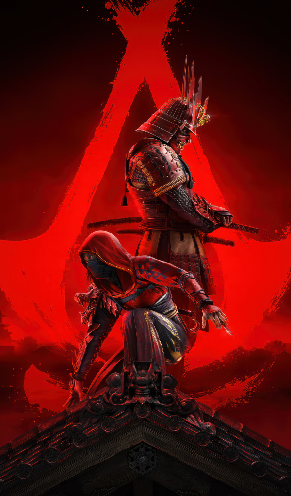 Яркий красный постер компьютерной игры Assassin’s Creed Shadows, 2024