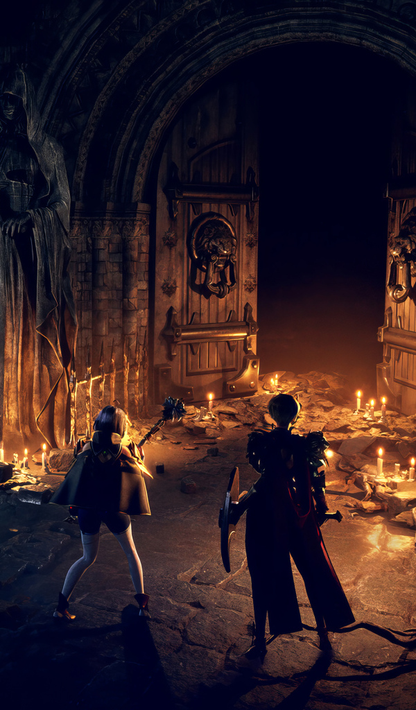 Персонажи у ворот в компьютерной игре Dungeon Stalkers, 2024