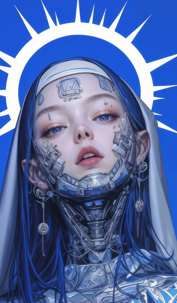 Девушка киборг cyberpunk на синем фоне