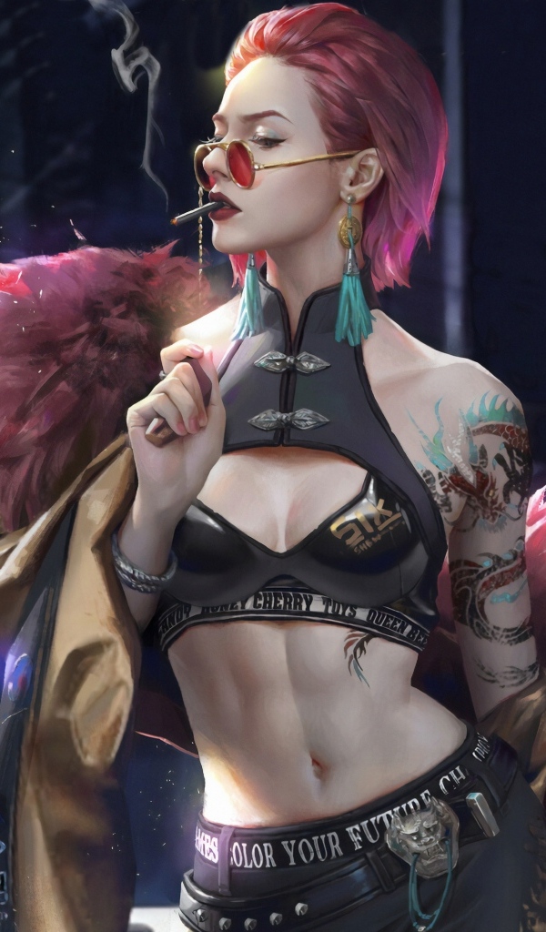 Девушка cyberpunk с сигаретой во рту