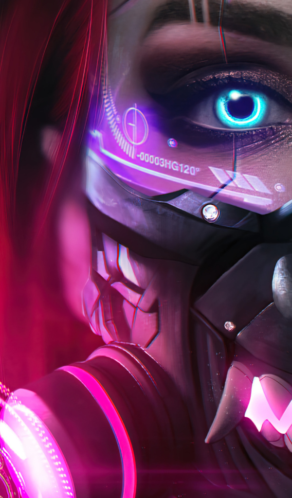 Девушка cyberpunk с голубыми глазами и маской на лице