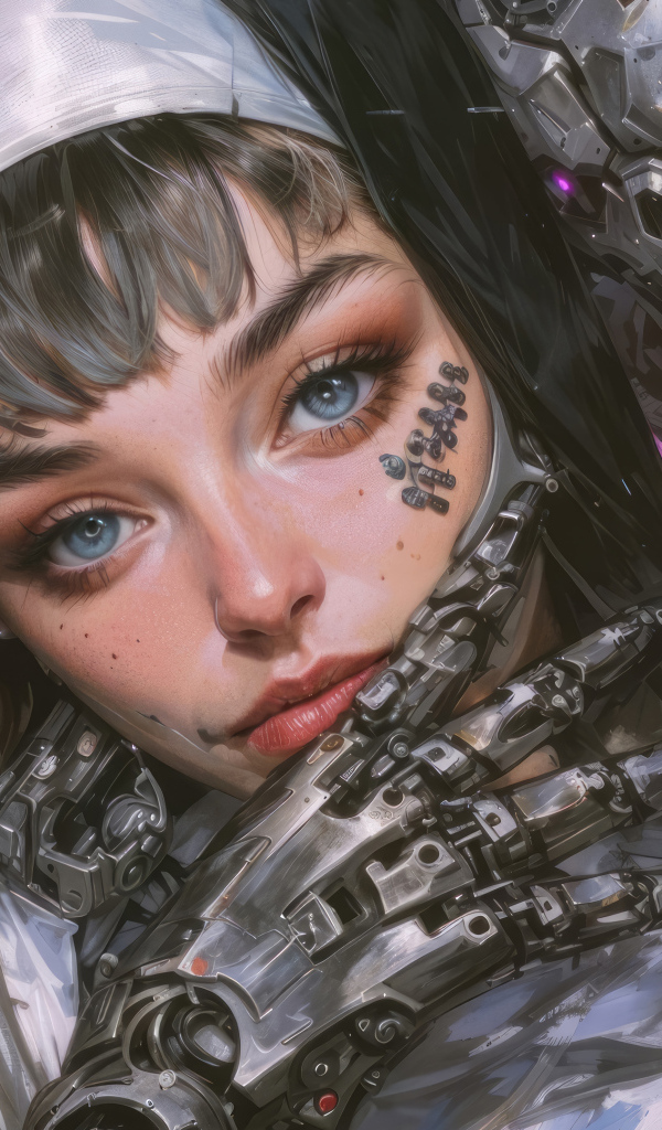 Девушка монашка киборг на розовом фоне