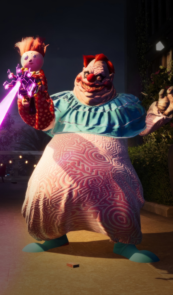Толстый злой клоун из компьютерной игры Killer Klowns from Outer Space: The Game, 2024