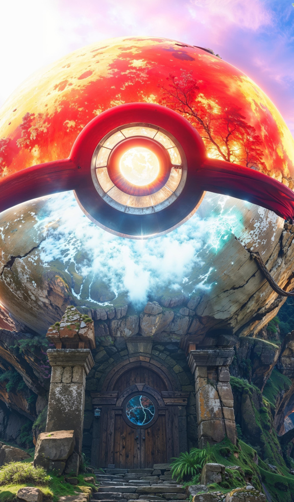 Покемон болл на доме в лесу у водопада