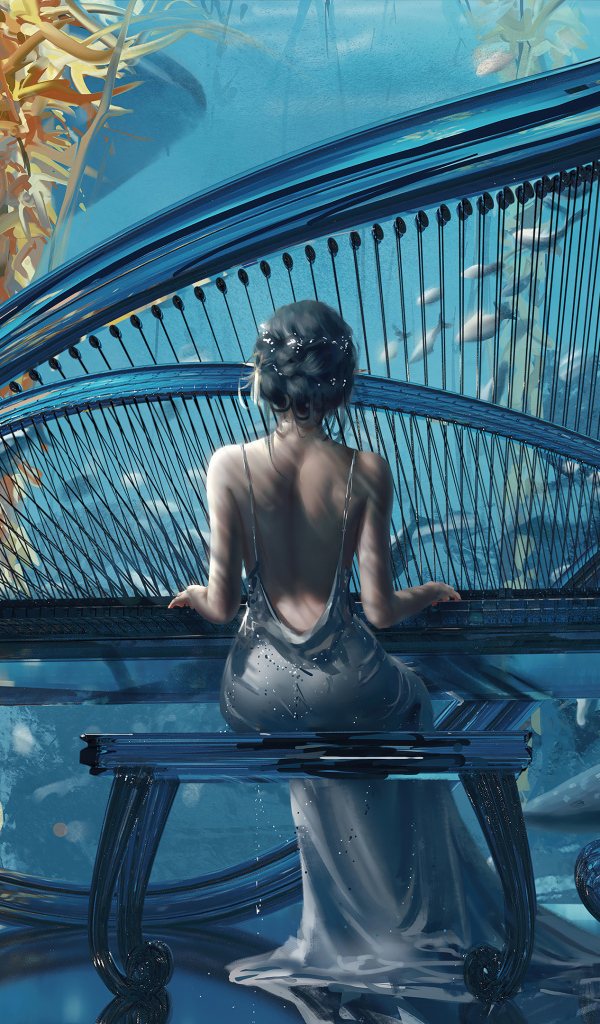 Девушка сидит за большим черным роялем