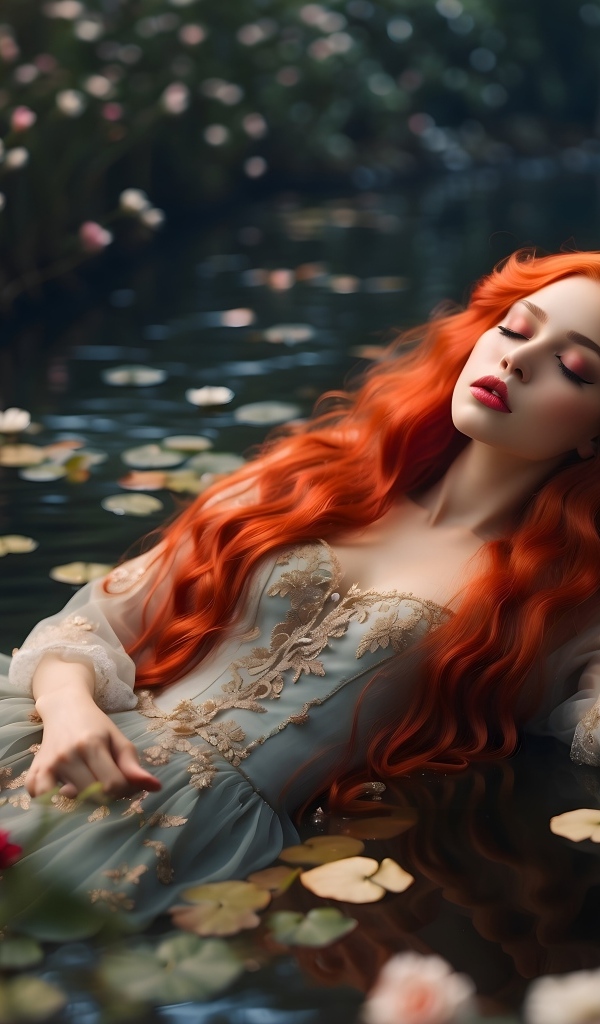 Рыжеволосая девушка в красивом платье лежит в воде