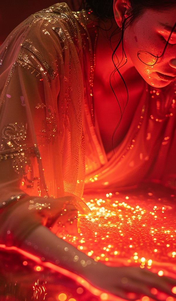 Девушка азиатка в красивом платье на светящемся фоне