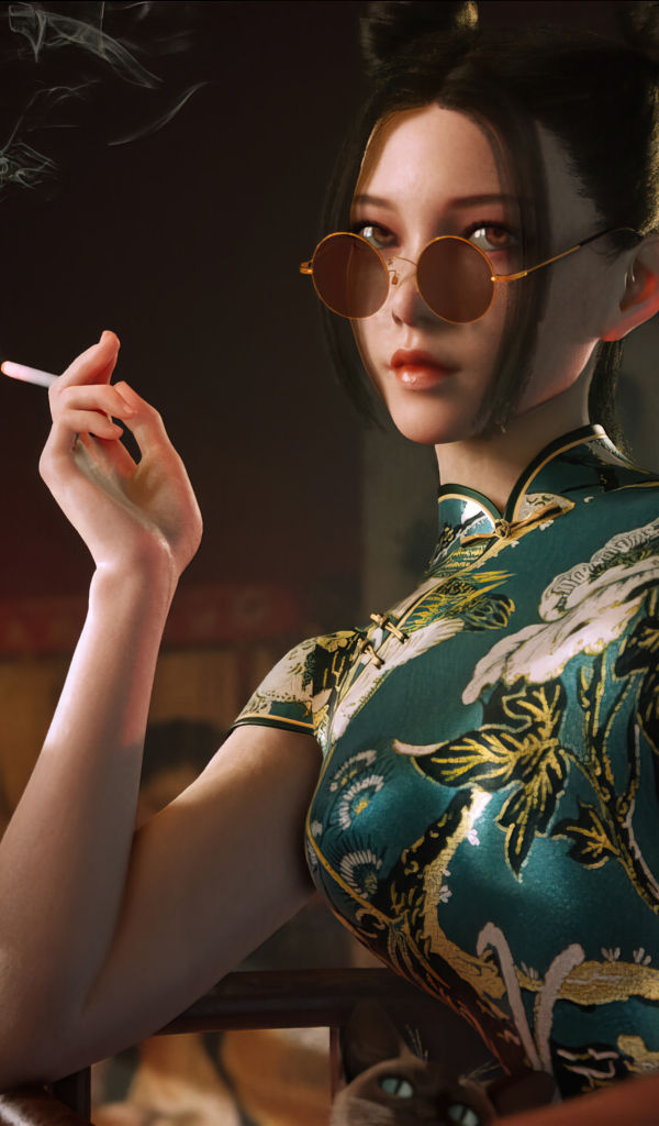 Девушка азиатка в красивом платье с сигаретой