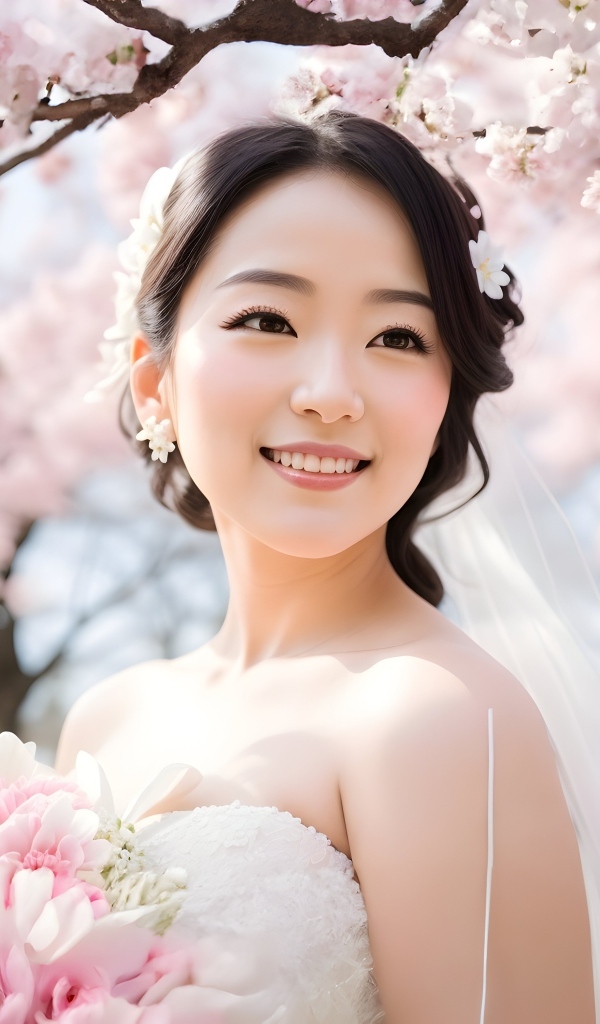Красивая девушка азиатка в свадебном платье на фоне цветущих деревьев
