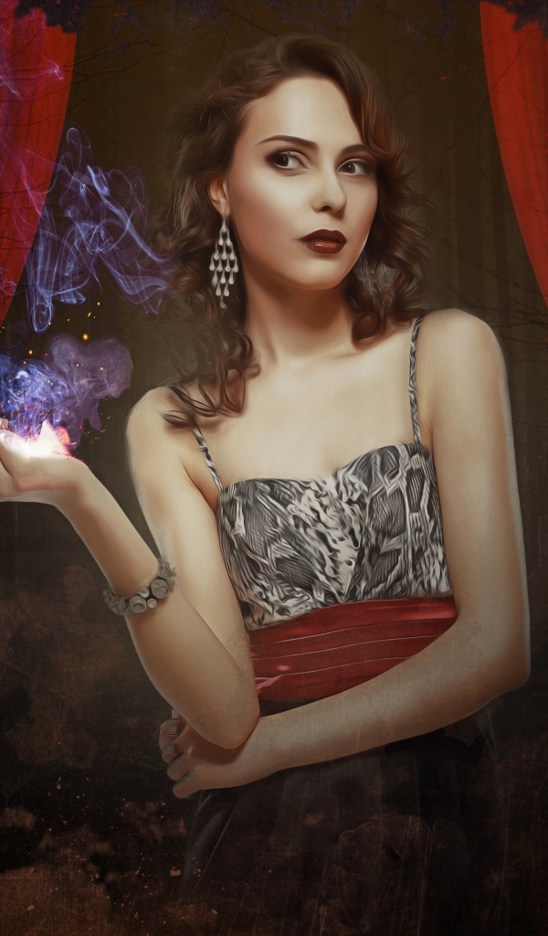 Красивая девушка на фоне красных штор