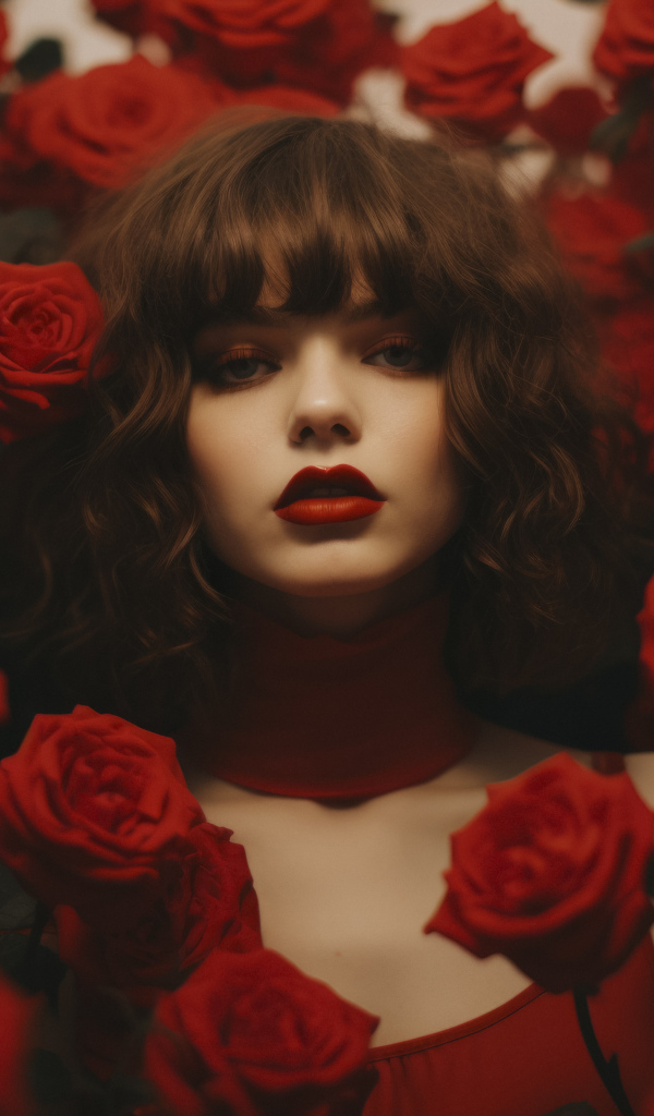 Красивая девушка в зарослях красных роз