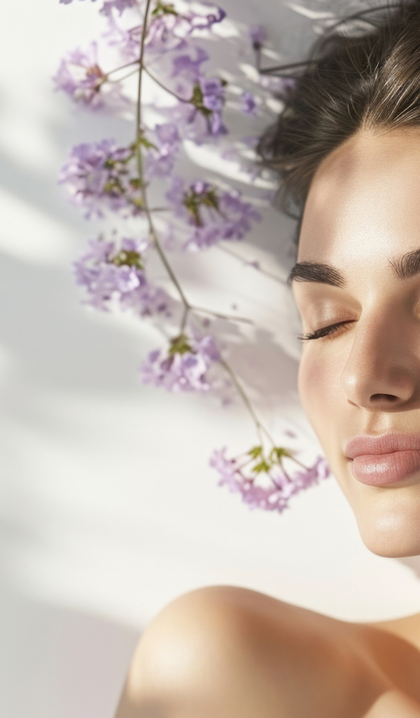 Красивая девушка с закрытыми глазами в цветах сирени