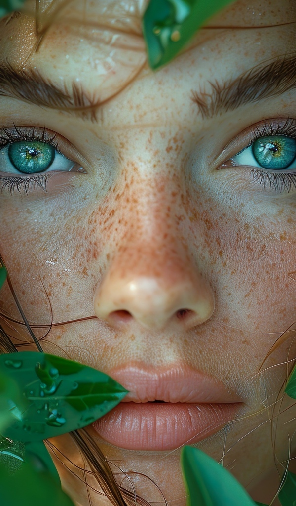Красивая зеленоглазая девушка в зеленых листьях