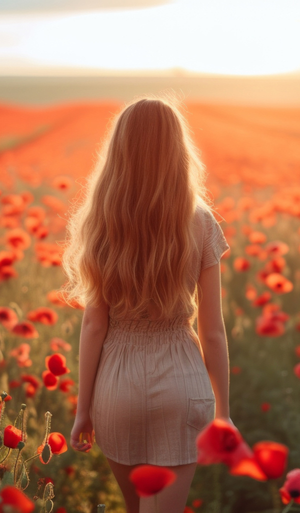 Красивая длинноволосая блондинка на поле с красными маками