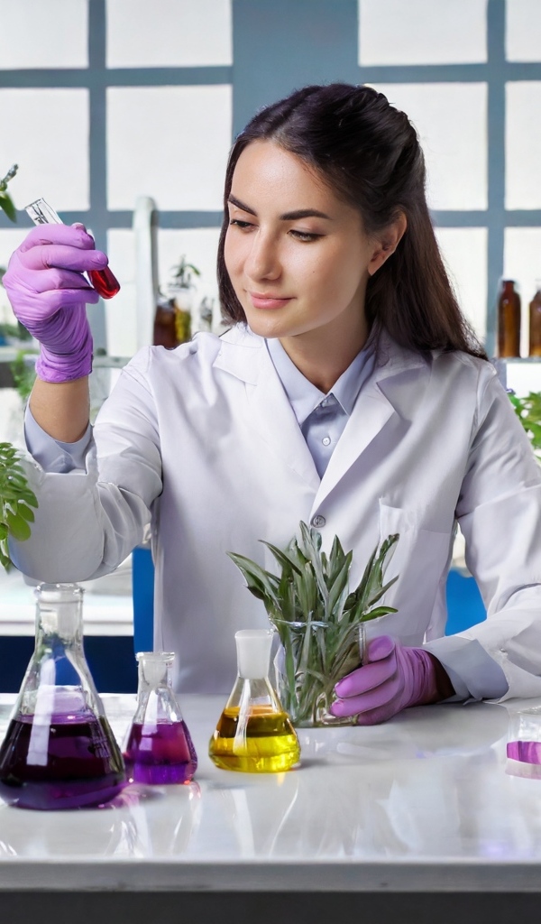 Девушка биолог в лаборатории с растениями