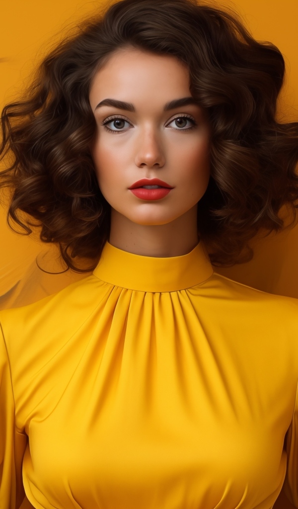 Брюнетка в желтом платье на оранжевом фоне