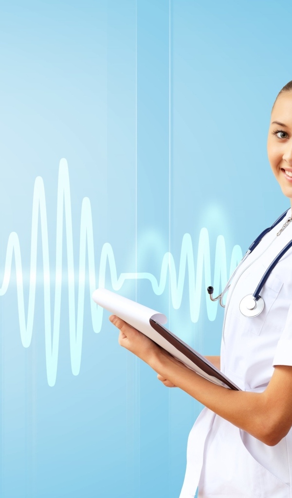 Девушка врач на фоне кардиограммы