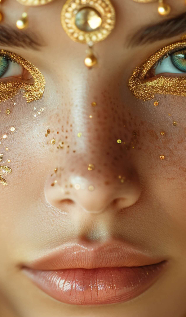 Зеленоглазая девушка с блестящим макияжем на лице