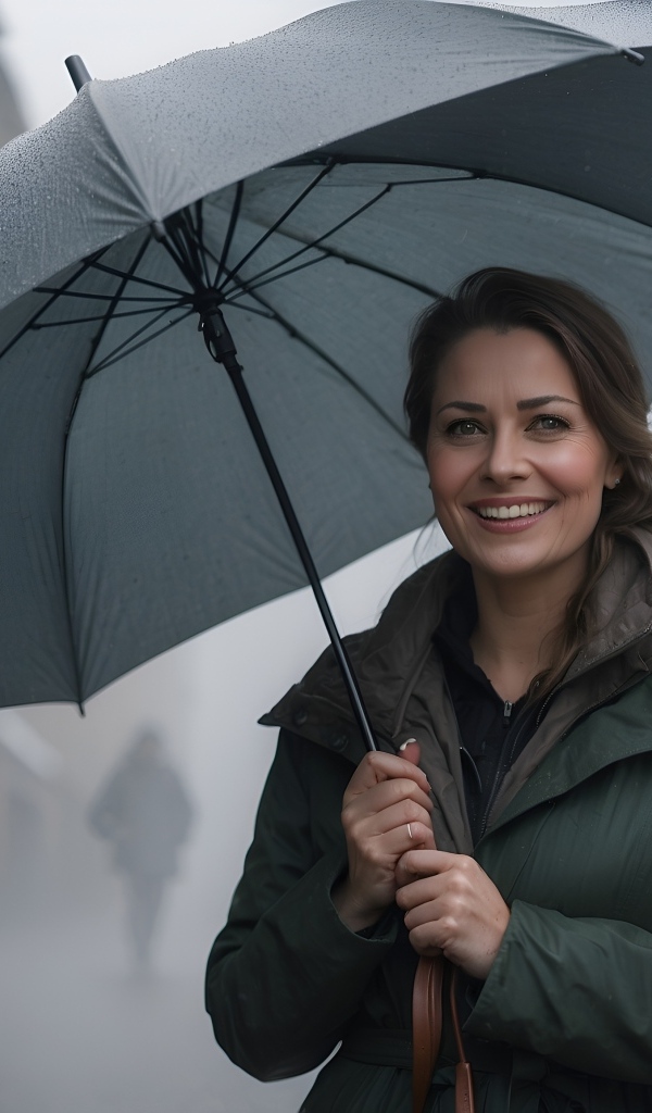 Улыбающаяся девушка под черным зонтом