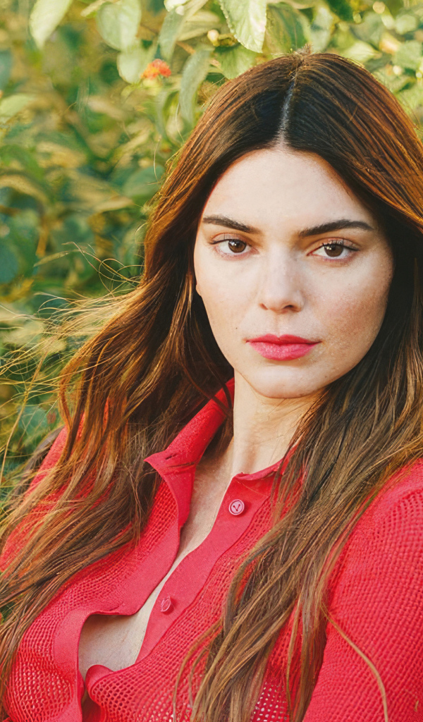 Американская модель Кендалл Дженнер в красной кофте стоит у куста