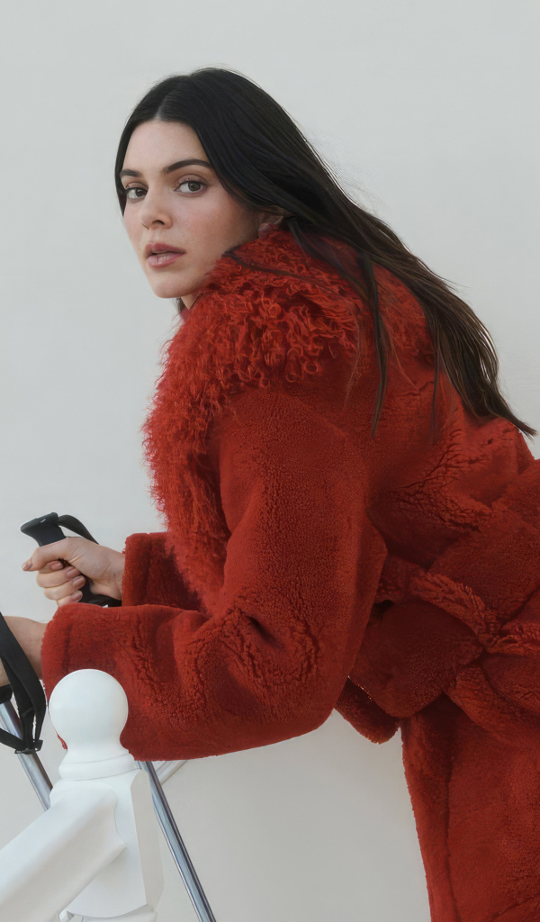 Модель Кендалл Дженнер в красной шубе