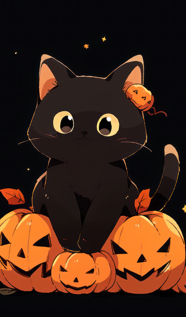 Маленький черный котенок с тыквами на Хэллоуин