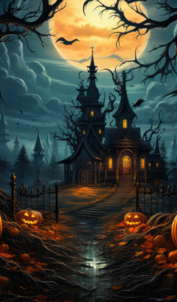 Тыквы освещают дорогу к старому черному замку