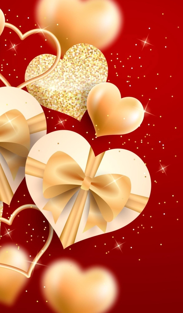 Золотые блестящие сердечки на красном фоне на День Влюбленных