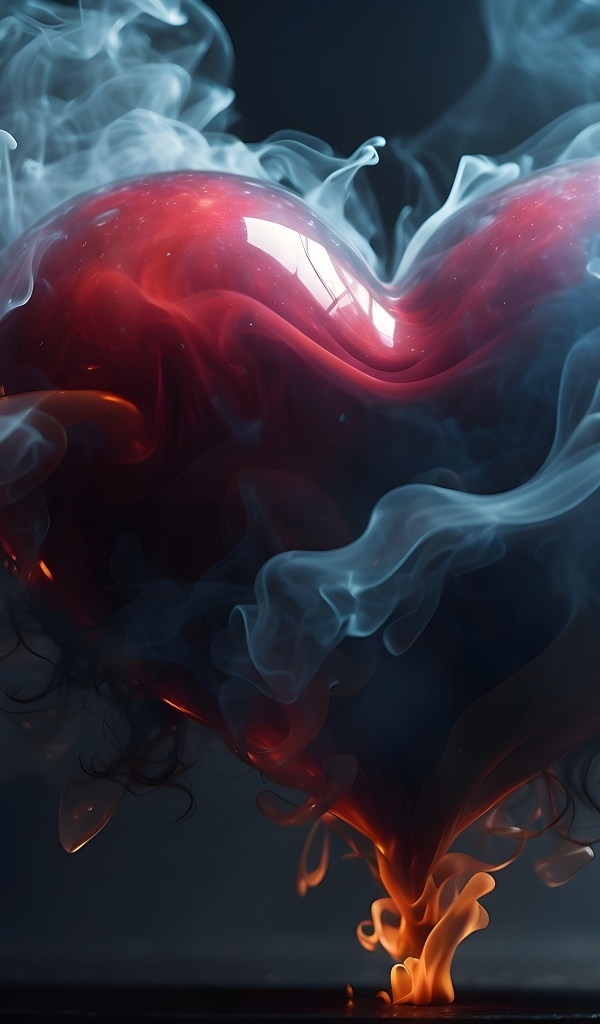 Большое горящее красное сердце в дыму