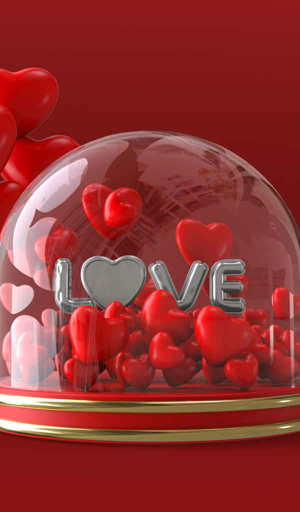 Коробка с красными сердечками на красном фоне