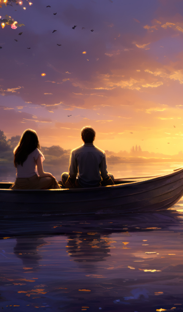 Влюбленная пара в лодке на озере на закате