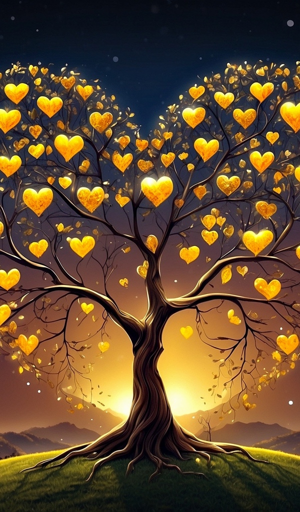 Дерево в форме сердца с золотыми листьями