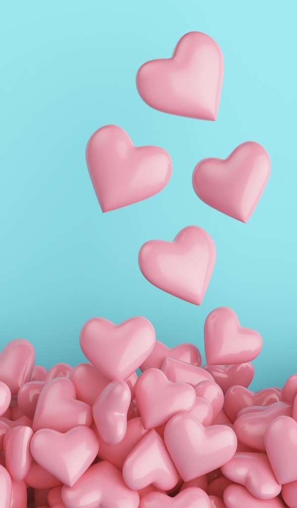 Много розовых сердечек на голубом фоне