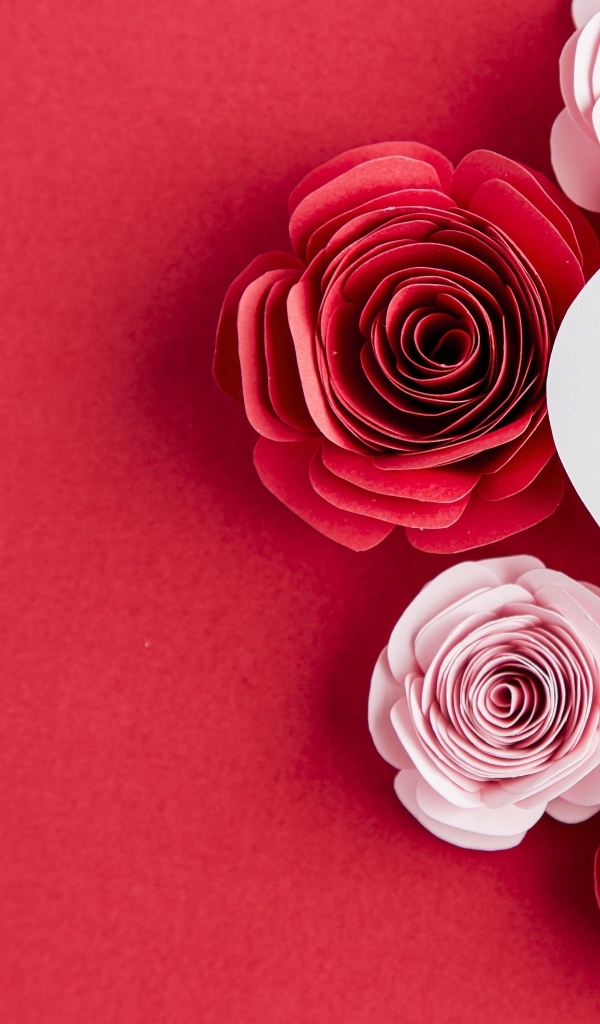 Бумажные розы с сердцем на красном фоне