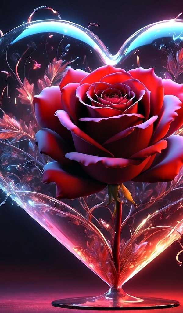 Красная роза в большом прозрачном сердце