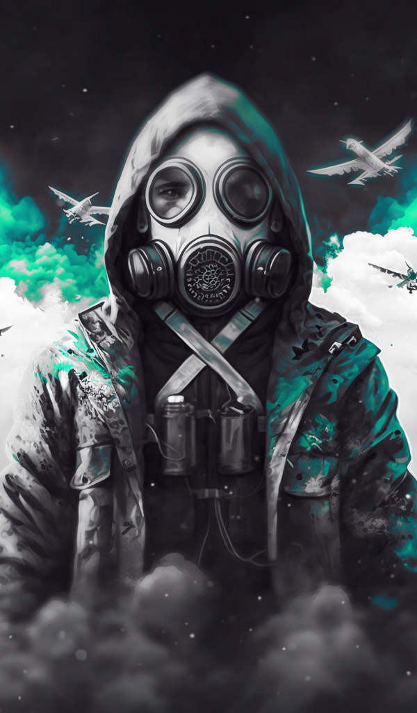 Мужчина в противогазе в дыму