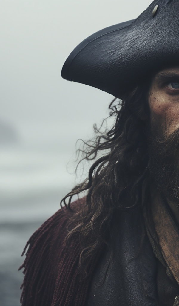 Старый пират в треуголке у моря