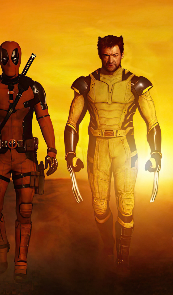 Персонажи фильма Дэдпул и Росомаха на фоне заката