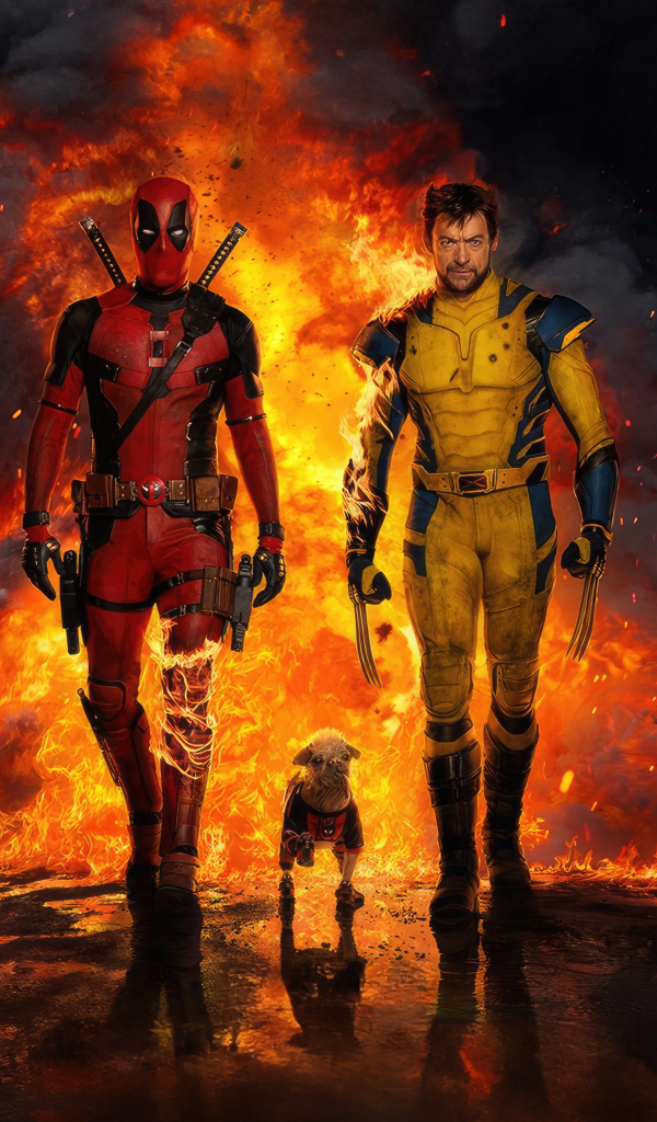 Росомаха, Дэдпул и собака на фоне взрыва