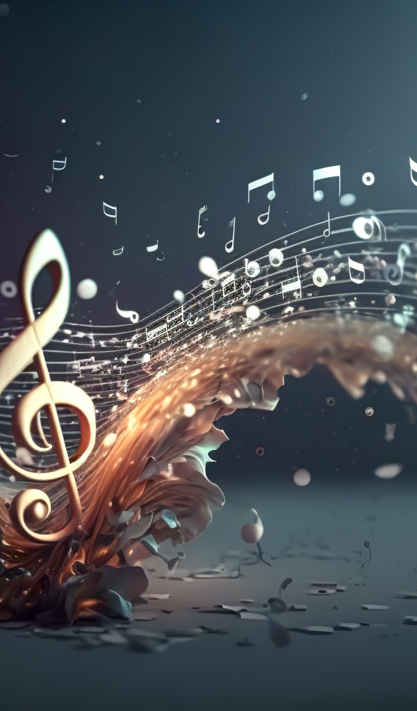 Взрыв нотных знаков на сером фоне