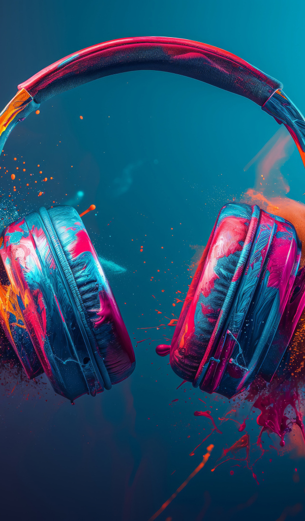 Наушники с брызгами краски на голубом фоне