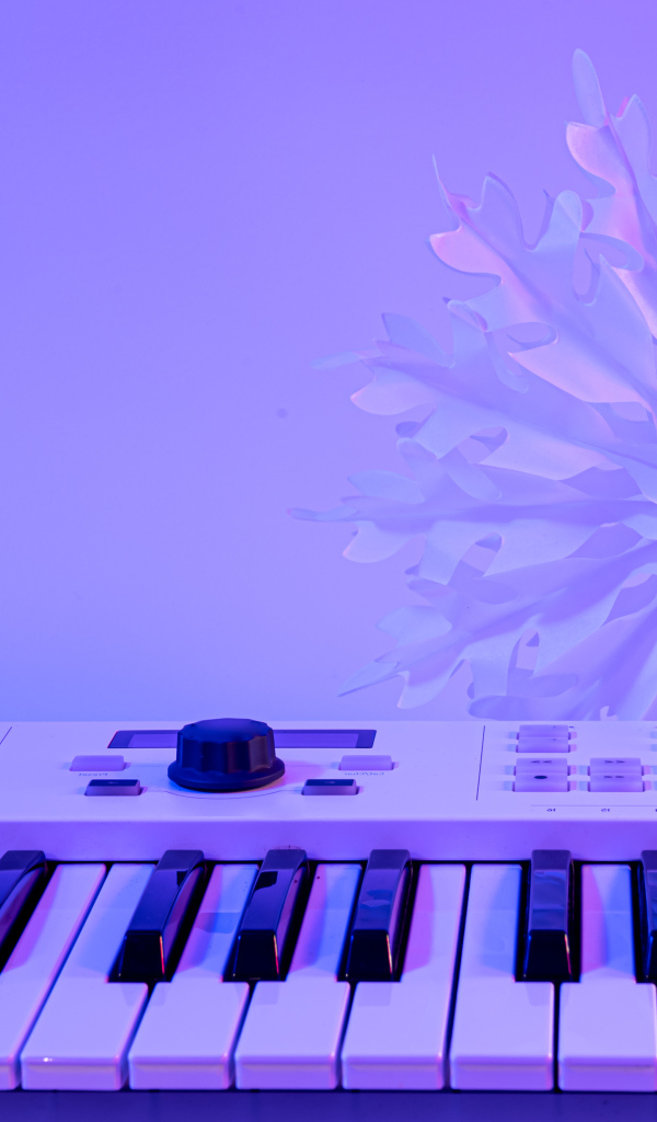 Синтезатор с бумажной снежинкой на фиолетовом фоне